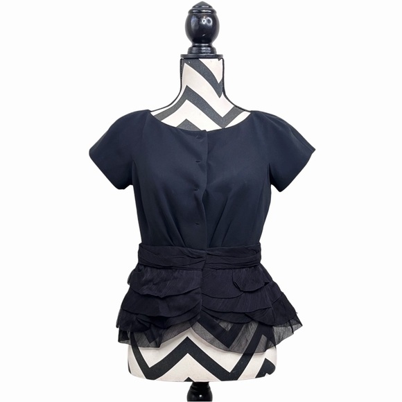 Moschino 100% Silk Cocktail Ruffle Short-Sleeve Snap Button Front Blouse - Picture 1 of 14